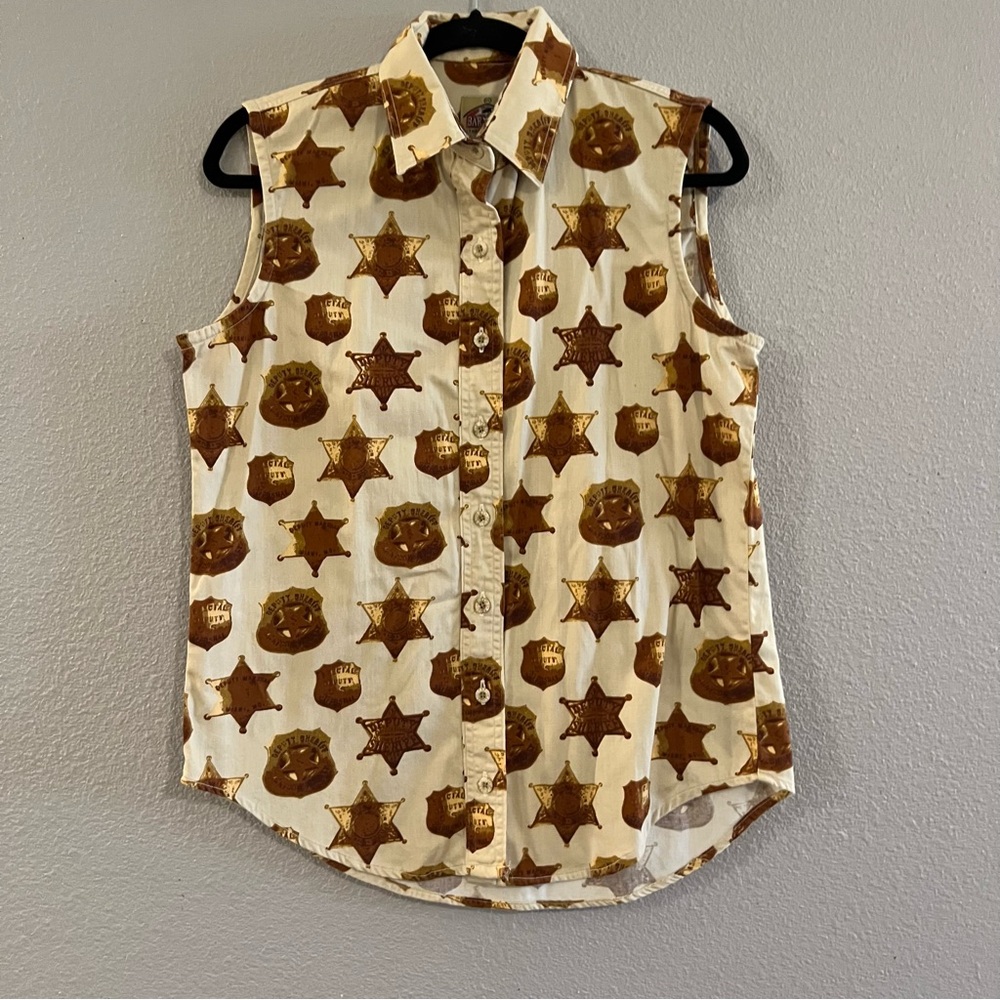 Vintage 90s BarnFly Western Deputy Sheriff Badge Sleeveless Button Down Sz S EVC